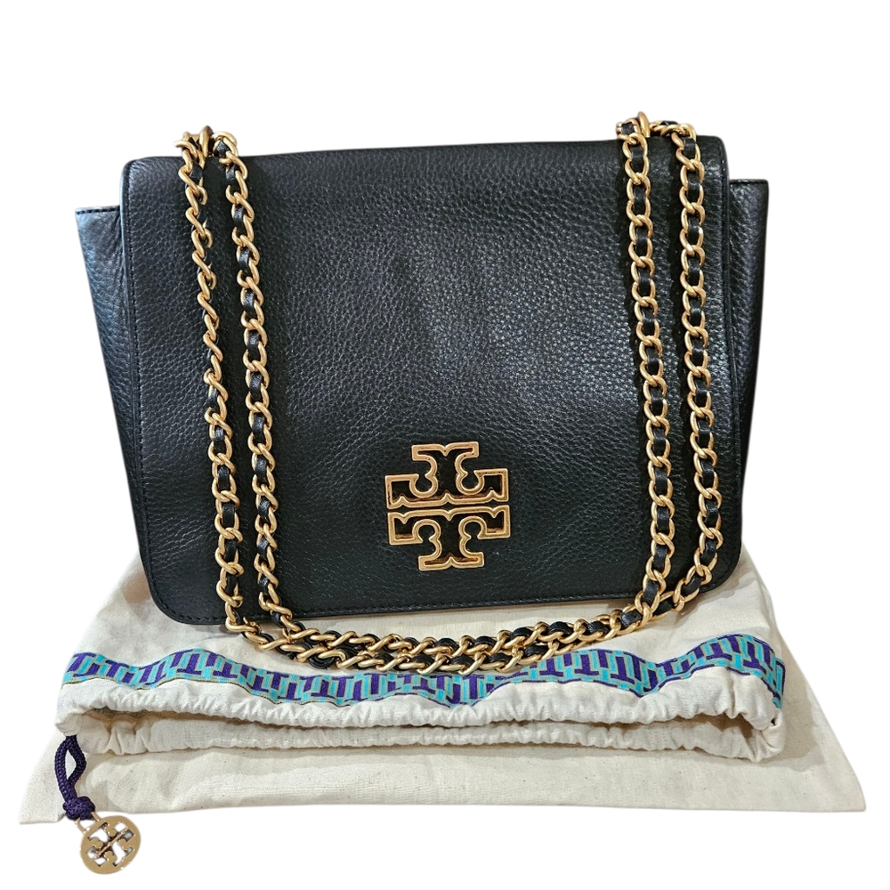 Tory Burch Black Leather Shoulder Bag with Gold Chain